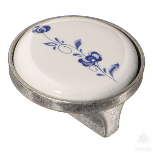 15.348.32.PO01.16 Ручка кнопка керамика с металлом, синий цветочный орнамент старое серебро 32 мм