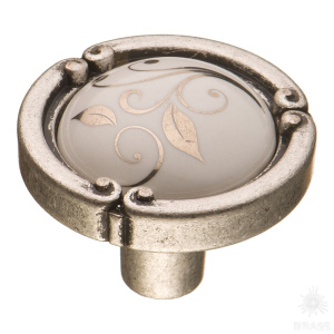 15.090.35.PO23W.16 Ручка кнопка керамика с металлом, цветочный орнамент старое серебро