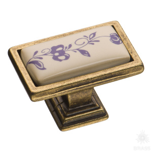 15.361.00.PO01.12 Ручка кнопка керамика с металлом, синий цветочный орнамент античная бронза