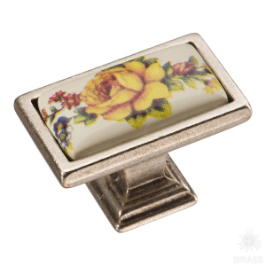 15.361.00.PO03.16 Ручка кнопка керамика с металлом, цветочный орнамент старое серебро