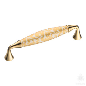 2527-030-128-MILANO Ручка скоба, латунь с керамикой, золотой цветочный орнамент 128 мм