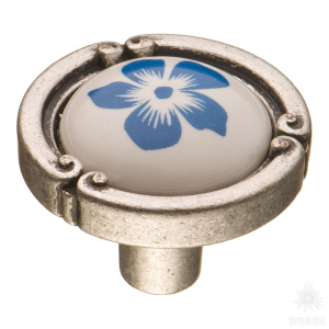 15.090.35.PO24W.16 Ручка кнопка керамика с металлом, цветочный орнамент старое серебро
