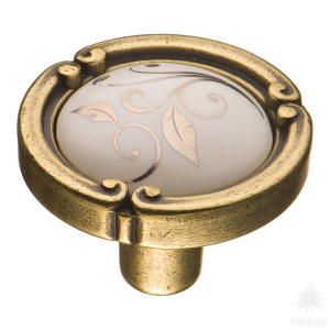 15.090.35.PO23W.12 Ручка кнопка керамика с металлом, цветочный орнамент античная бронза