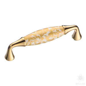 2527-030-96-MILANO Ручка скоба, латунь с керамикой, золотой цветочный орнамент 96 мм